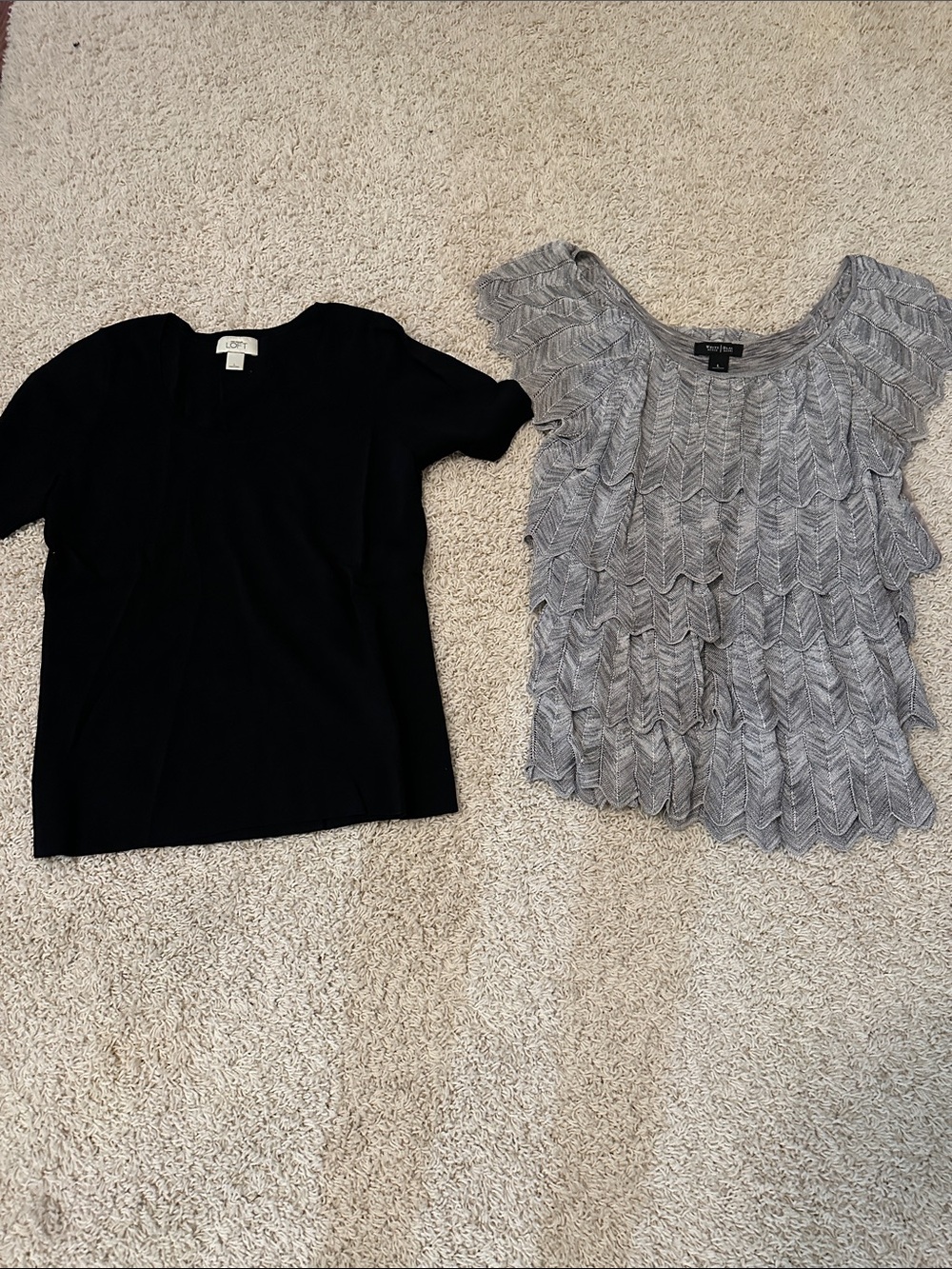 LOFT Black Knit Top with Gray Ruffle Overlay Blouse Set